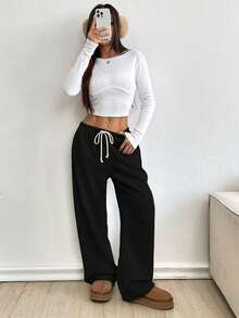 Flirla Women's Casual Drawstring Waist Pants - Black - View 4