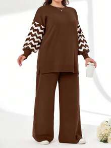 SHEIN Cottnline Striped Color Block Sweater And Pants Two Pieces Set - Chocolate Brown - View 5