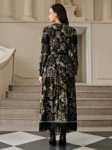 Anewsta Savoree Elegant Floral Print Tassel Dress, Autumn/Winter - Brown - View 3