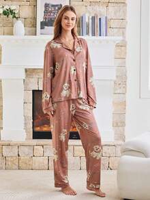 FamilyFrolics宠物狗女士睡衣翻领长袖上衣和裤子亲子套装，夏季假日两件套，舒适复古风女士睡衣套装秋冬服装 - 彩色 - 查看 4