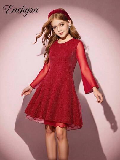 1pc Girls Crew Neck Long Sleeve Knit Dress, Elastic Metallic Yarn Fabric, Casual & Party Wear, Autumn Christmas Dress.Princess Dress. Red Party Dress.Suitable For Christmas, Performances,Spring/Autumn Daily Wear.  Princess  Halloween/Christmas Party Dresses For  Vacation  Autumn And Winter