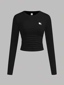 SHEIN Girlism Teen Girls Buy 1 Get 2 Free 3pcs/Set Black, Grey, White Solid Color Minimalist Round Neck Waist Ruched Long Sleeve T-Shirts, Casual Minimalist Design With Logo Print Detail