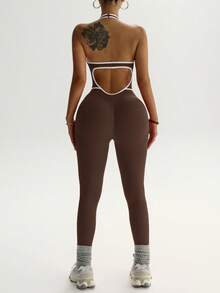 Slayform Contrast Trim Backless Halter Jumpsuit - Coffee Brown - View 4