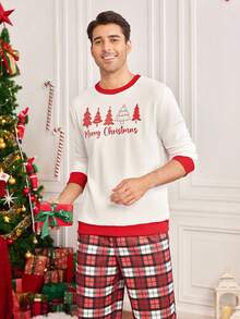 Manfinity RelaxMax 1 套男士圣诞字母和圣诞树印花 Ringer 运动衫和格子宽松裤，家庭装 - 紅白色 - 查看 4