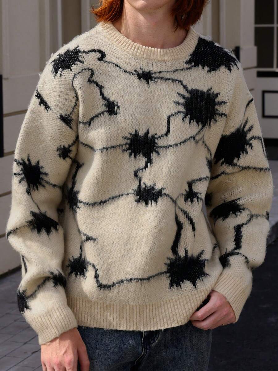 Manfinity CasualKnits 男士休闲日常通勤宽松套头毛衣，全身图案，秋冬 - 卡其色 - 查看 1