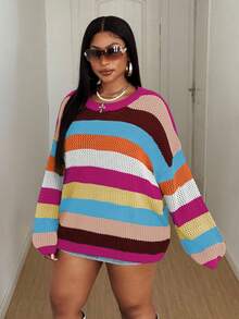 Maweii Plus Size Women Contrast Stripe Hollow Out Round Neck Casual Sweater - Hot Pink - View 5