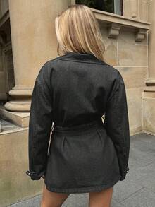 SHEIN Forever 21 Fall&Winter Women Black Blue Denim Jacket/Christmas/New Years/Holiday Party Women Jacket/Black Blue Jacket/Holiday/ New Years/Loose Jacket/Long Sleeve Jacket/New Years Eve/New Years/Christmas Party Women Denim/Holiday Women/Holiday/Christmas/Y2k /Loose/Collared/Retro/Party Wear/Blue Washed With Pockets/Street Style/Belt/Classy/Daily Wear/Casual Denim Jacket - Black - View 3