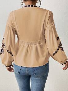 SHEIN LUNE Women's Shirred Graphic Print Long Sleeve Button Shirt Peplum Top - Apricot - View 2