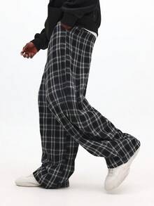 SUMWON 宽松格子裤阔腿格子裤休闲街头风宽松阔腿格纹图案秋冬舒适穿搭 - 黑與白 - 查看 4