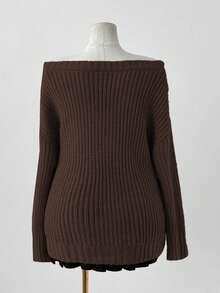 Sunspun Oversized Cozy Willow Striped Texture Apricot Crew Neck Pullover Sweater, Autumn/Winter - Coffee Brown - View 2