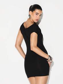 KIZN Twisted Off Shoulder Asymmetric Mini Dress Bodycon Party Evening Nightclub - Black - View 2
