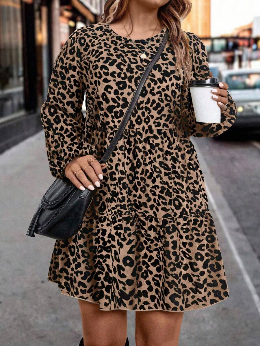 EMERY ROSE Plus-Size Women's Woven Print Casual Commuting Autumn Dress - Brown - View 1