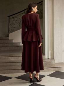 ZEYLAH 女式束腰 V 领长袖上衣和裙子两件套，秋冬 - 酒紅色 - 查看 4