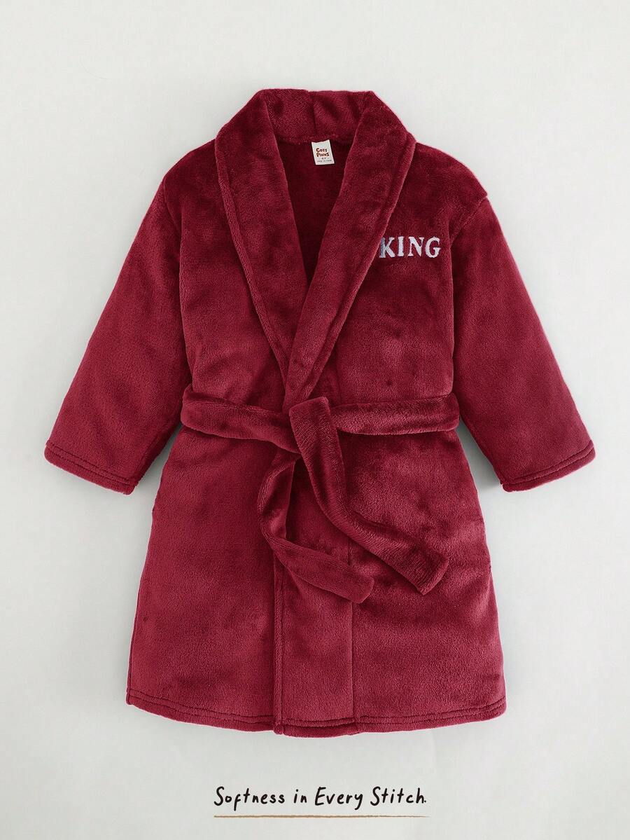Cozy Pixies Kleine Jungen Thermofutter Bademantel mit Buchstaben-Muster, Kapuze und Gürtel, geeignet für Zuhause, Badezimmer, Strand und andere Anlässe, Herbst/Winter - Bordeaux - Übersicht 1