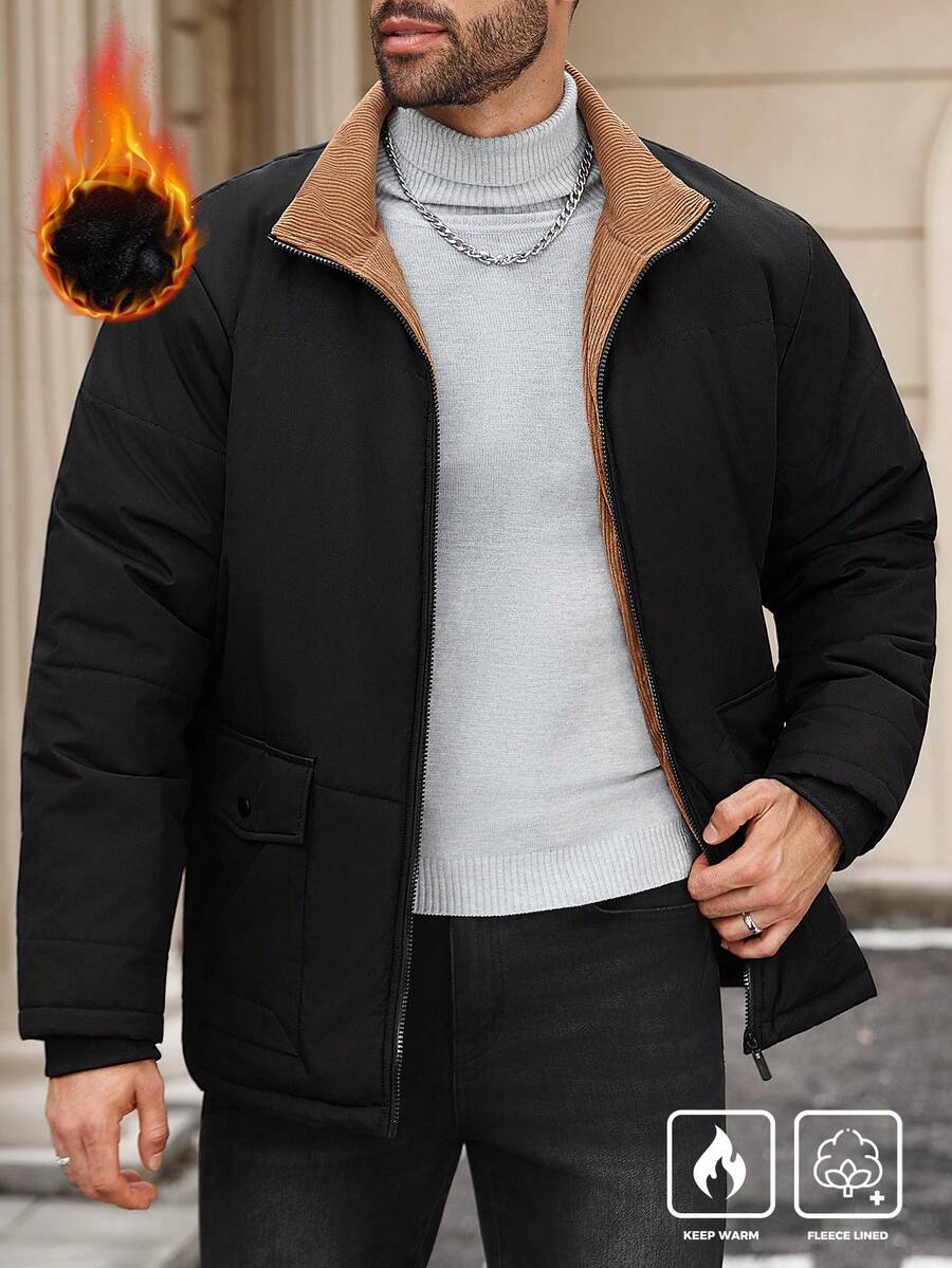 Manfinity Homme 加大码男士户外保暖拉链长袖灯芯绒衬里棉服，适合秋冬季 - 黑色 - 查看 1