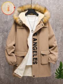 SHEIN Tween Boys' Casual Letter Graphic Thermal Lined Thick Hooded Jacket, Suitable For School, Garden, Beach, Birthday, Autumn/Winter - Khaki - View 1