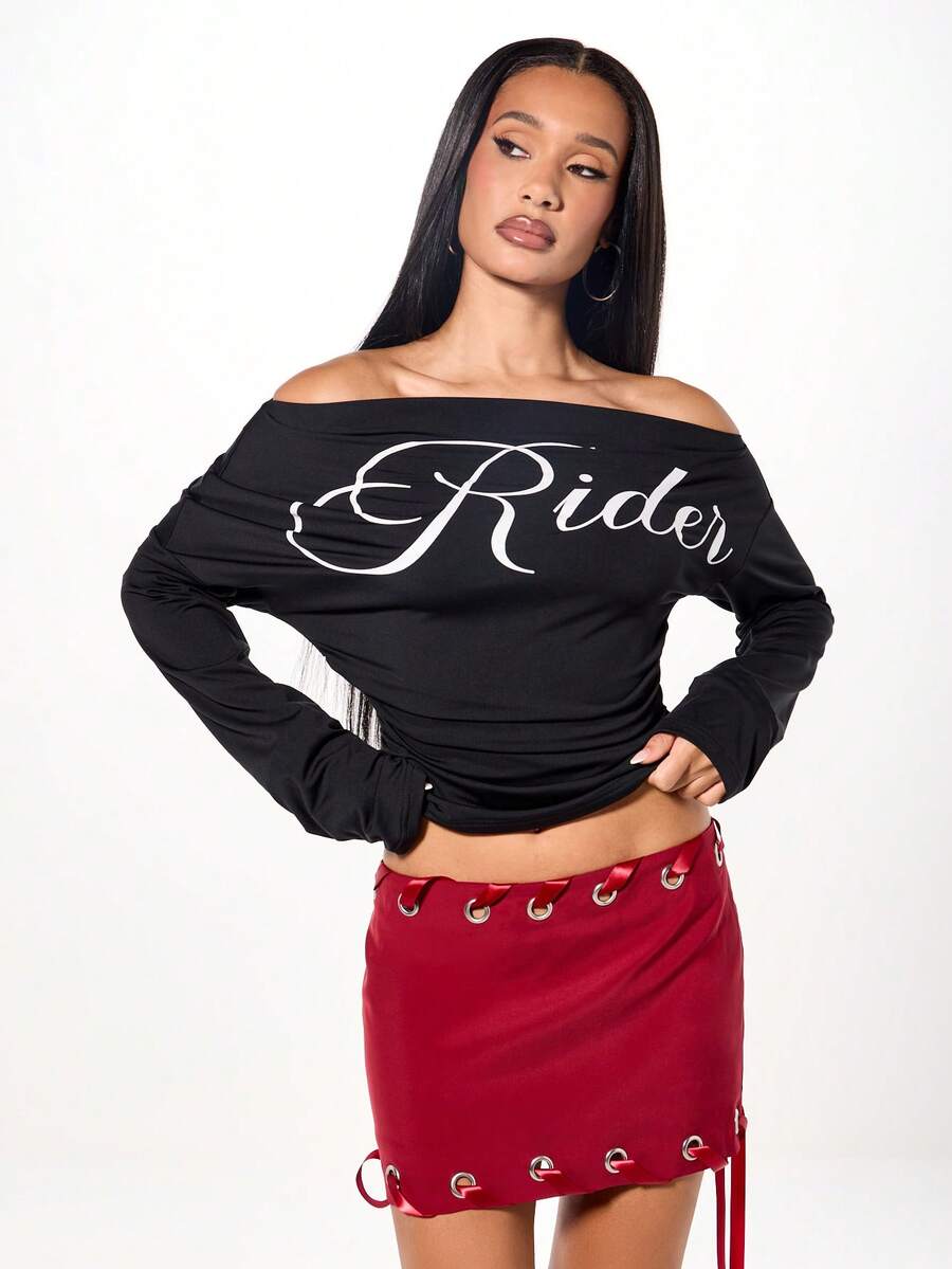 SUMWON WOMEN Off Shoulder Long Sleeve Top With Script Text For Casual Winter Wear - Black - View 1