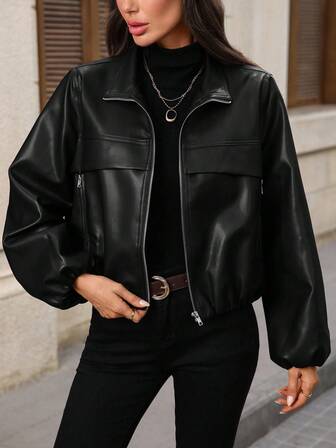 EMERY ROSE Chaqueta con cremallera y mangas farol de unicolor para mujer, otoño