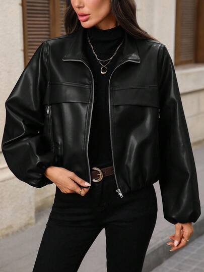 EMERY ROSE Women's Solid Color Lantern Sleeve Zipper Front PU Leather Jacket, Autumn,Fall,Fall Clothes For Women
