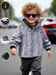 SHEIN Genkimix Kids 年轻男孩休闲时尚全身印花连帽夹克，保暖内衬，拉链开合，秋冬