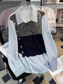 GlowEve CURVE Luźna koszula w paski 2 w 1 w dużym rozmiarze, elegancka bluzka, jednolity kolor i patchworkowe paski - Niebieski - Zobacz 5