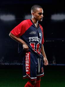 Captain Tsubasa X SHEIN Men's Summer Sports Numeric & Letter Graphic V-Neck Contrast Raglan Short Sleeve Loose T-Shirt And Shorts Basketball Uniform Set - Dark Grey - View 6