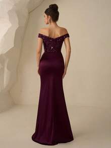 Coutiva Vestido de noche formal de mujer con hombros descubiertos, bajo de cola de pez y parches de lentejuelas elegantes - Rojo violeta - Ver 2