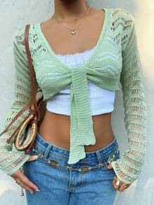 SHEIN Unity Women's Long Sleeve Hollow Out Twist Front Sexy Crop Cardigan, Resort Style - Green - View 4