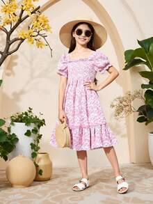 SHEIN Tween Girl Floral Print Scoop Neck Summer Short Sleeve Dress,Holiday,Summer,Travel, School, Campus, College