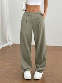 Flirla 1 件女士不对称腰部休闲、日常、通勤、购物卡其裤 - 橄欖綠 - 查看 3