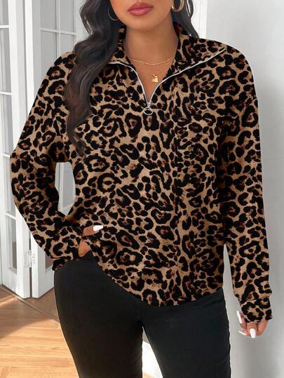 SHEIN Frenchy 大码女式豹纹拉链领T恤，休闲，秋冬豹纹衬衫猎豹纹女式动物纹上衣