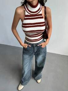 Aloruh Vintage gestreifter Rollkragen Strick Trägerhemd, Sommer, Herbst für Frauen, Damen Winter Pullover, Burgunder Top, schicker Pullover für Frauen, Tops für Ausgehen, Neujahr Frauen, Weihnachten Frauen, Halloween für Frauen, rot-weiß gestreifter Basic Pullunder, ärmelloses Pullover Top, Y2K, Old Money Stil