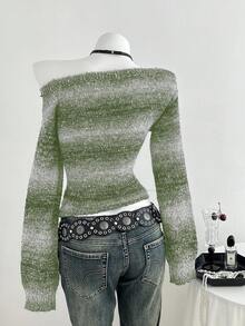Elamini Women's Ombre Shoulder Cutout Long Sleeve Fashionable Sweater, Suitable For Vacation - Green - View 2
