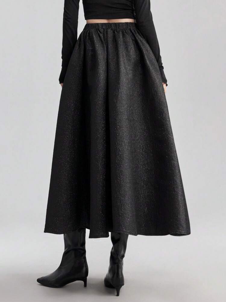 Women's Black Special Textured Metallic Coated A-Line Skirt,Classy Elegant Autumn Night Outwear,Sophisticated Old Money Style High-End Business Attire