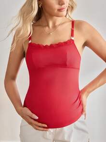 红色圣诞蕾丝拼接哺乳吊带背心，休闲舒适的孕期/产后女装