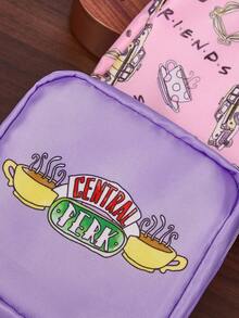 FRIENDS X SHEIN 1/1套卡通图案印花涤纶纤维收纳袋，可用作女性卫生收纳袋、数码收纳袋、小物件收纳袋、友情、咖啡 - 彩色 - 查看 4