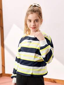 JNSQ Tween Girls Thick Fleece Sweatshirt, Round Neck Pullover Sweatshirt With Fun Striped & Letter Print Pattern, Suitable For Autumn, Winter Daily Wear, Outdoor Activities, Vacation, Streetwear, Party And Casual - White - View 3