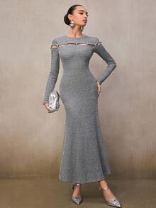 Modelyn Women's Gray Fashion Design Round Neck Long Sleeve Dress - Light Grey - View 5