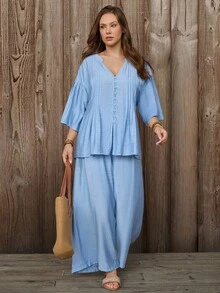 EMERY ROSE Bộ quần ống rộng 2 món đơn giản, cổ chữ V xếp ly tay trễ vai màu xanh dương trơn cỡ lớn dành cho nữ, mùa xuân/thu - Màu xanh lam - Xem 3