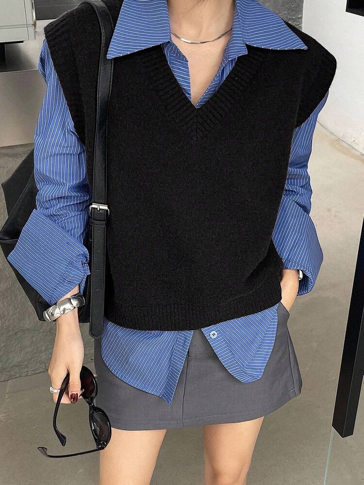 Women's Casual Solid Color V-Neck Sweater Vest, Autumn