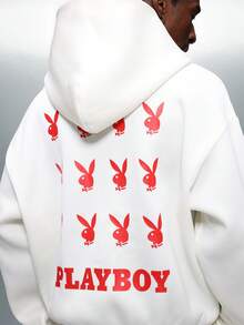 PLAYBOY X SUMWON Hoodie Crop Fit dengan Logo dan Resleting Penuh, Dilengkapi Tudung dan Tali Serut untuk Gaya Streetwear Kasual. - Putih - View 3