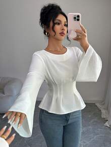 Rafferiza 女士秋冬时尚束腰衬衫，纯色休闲衬衫 - 米色 - 查看 5