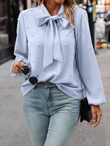 EMERY ROSE 女式纯色系带领灯笼袖仿珍珠装饰优雅衬衫 - 淺藍色 - 查看 4