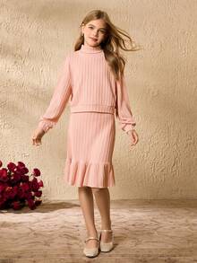 2pcs/Set Tween Girls Long Sleeve Top And Skirt Co-Ord Set