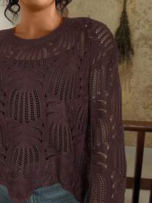 Suéter casual solto com decote redondo e manga comprida plus size feminino - Marrom Chocolate - Ver 1