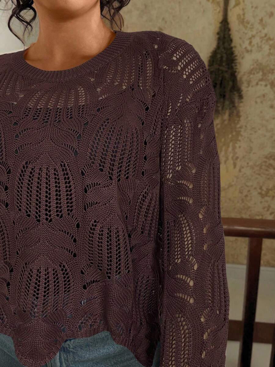 Suéter casual solto com decote redondo e manga comprida plus size feminino - Marrom Chocolate - Ver 1