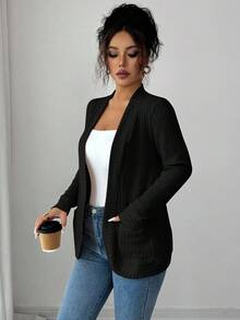 SHEIN PETITE 女式休闲罗纹羊毛开前侧口袋短款轻便夹克 - 黑色 - 查看 4