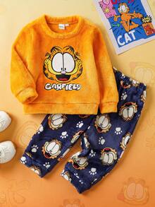 GARFIELD | SHEIN 2pcs Baby Boy Orange Cute Cat Embroidery Plush Sweatshirt And Navy Blue All-Over Print Pants Set, Suitable For Autumn/Winter Baby Set Autumn Winter Season - Orange - View 1
