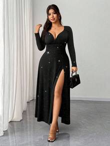 Elenzga 大码女式优雅闪亮亮片针织 V 领褶饰腰部高开衩连衣裙，时尚设计，适合派对、生日、圣诞节、新年、浪漫夜晚外出、秋冬