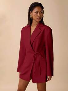 SHEIN BAE 女式纯色翻领长袖裹身系带休闲连衣裙 - 紫紅色 - 查看 6